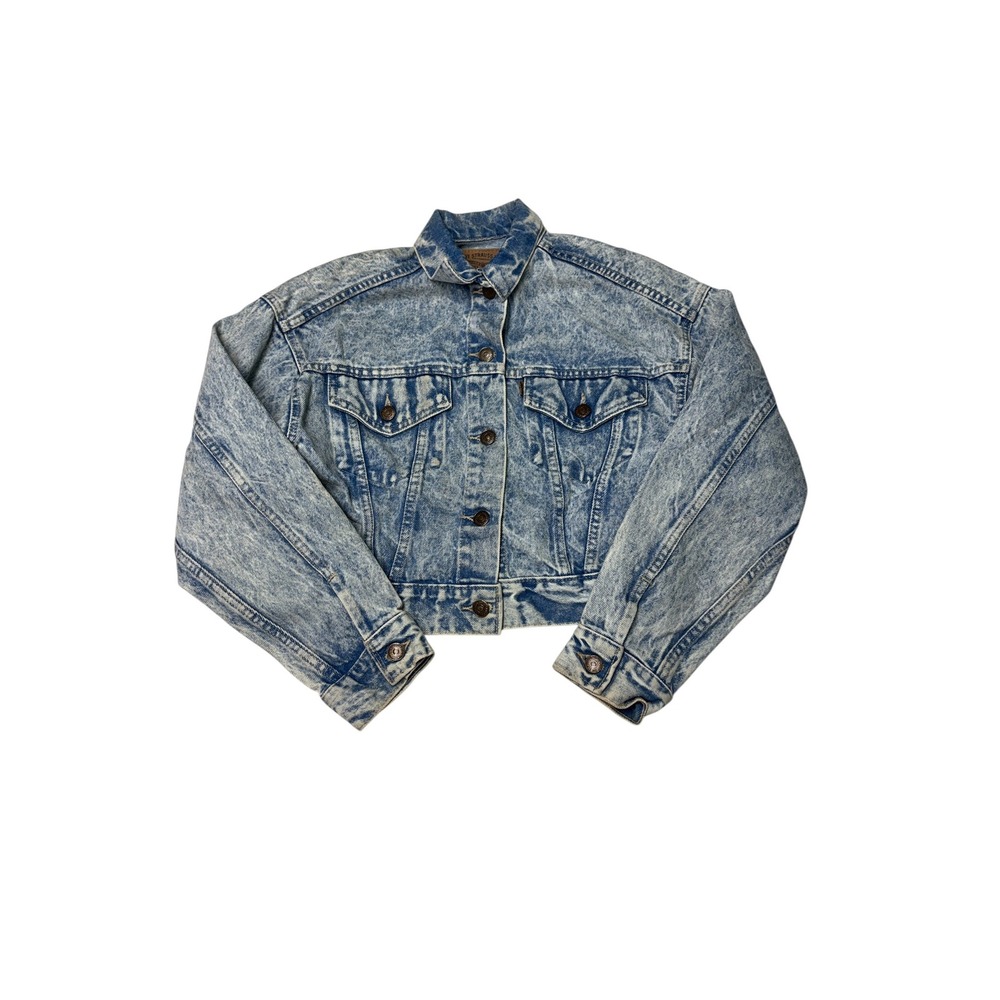 Vintage 80s 90s Levis Acid Wash Trucker Jacket Cropped Blue Womens Brown Tag S